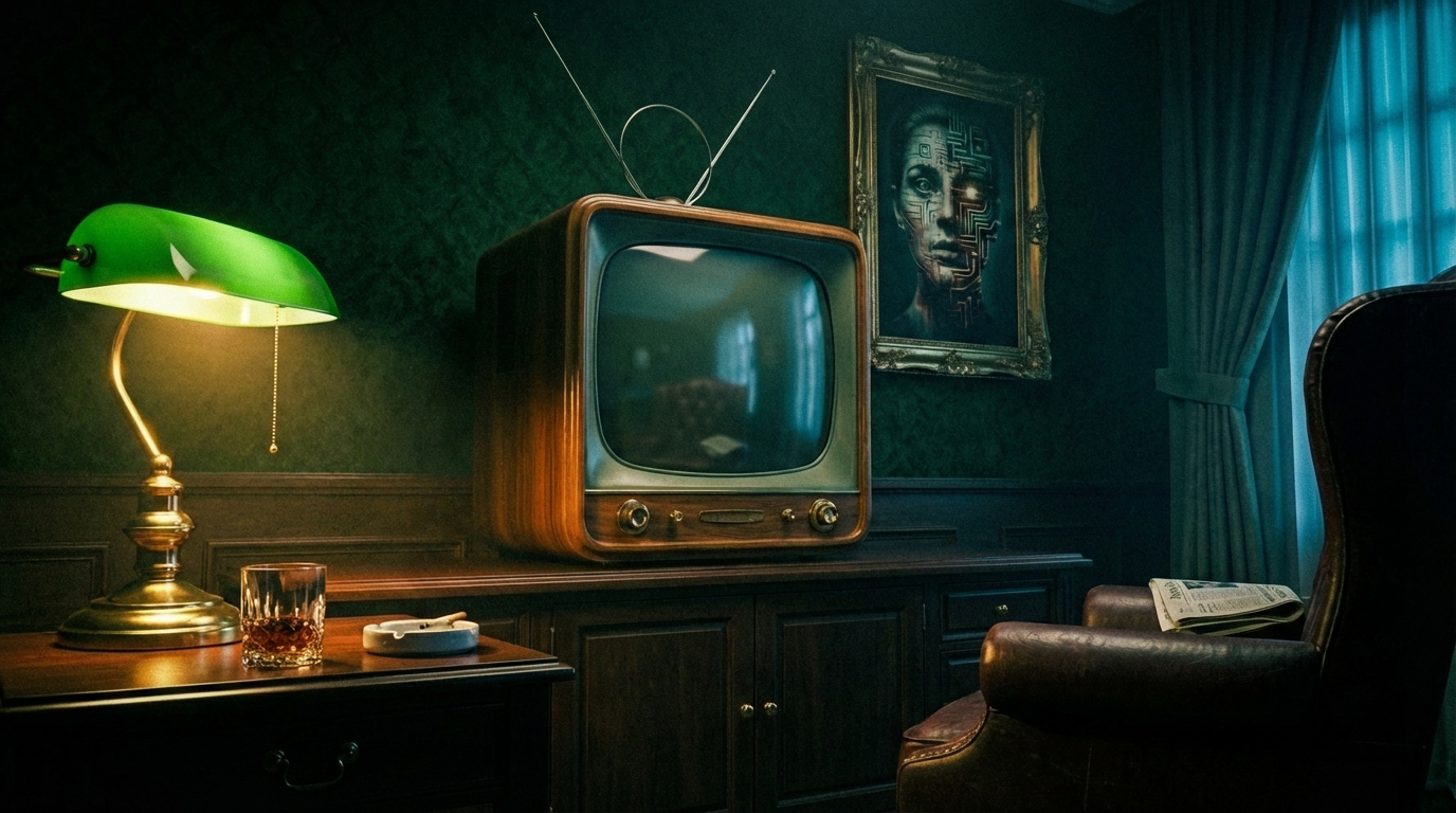 A dimly lit 1950s gentleman's study with a vintage CRT television